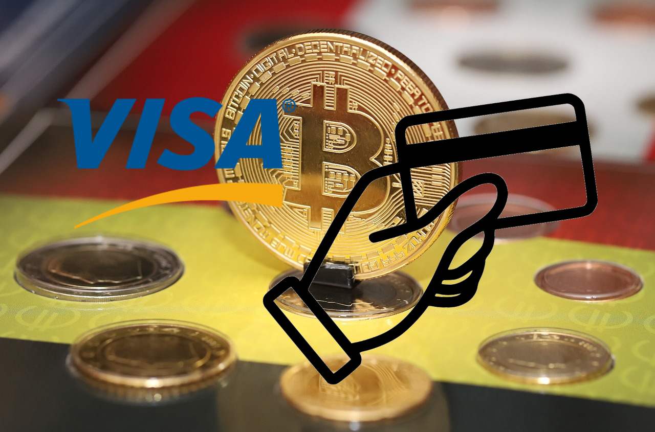 moneta Bitcoin e logo VISA