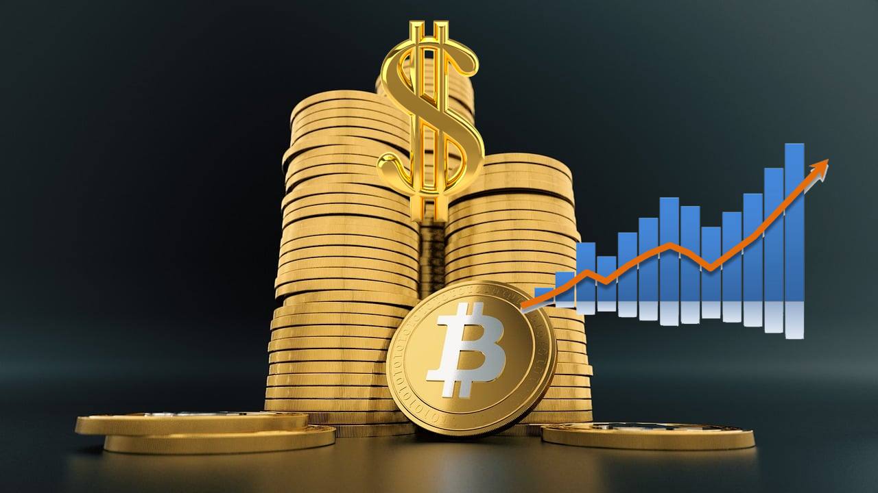 mucchio di monete di Bitcoin e grafico al rialzo