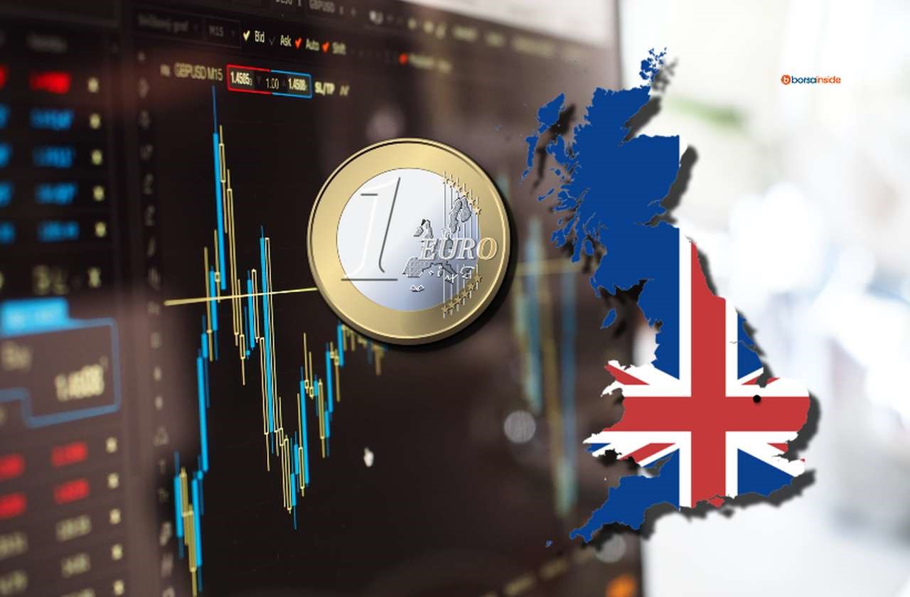 Uno schermo con dei grafici finanziari, una moneta da 1 euro e la bandiera del Regno Unito racchiusa nei confini dello Stato