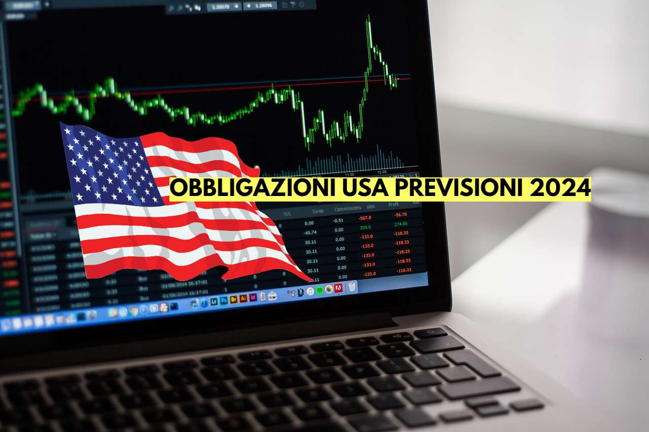 laptop con grafico di trading e bandiera Usa