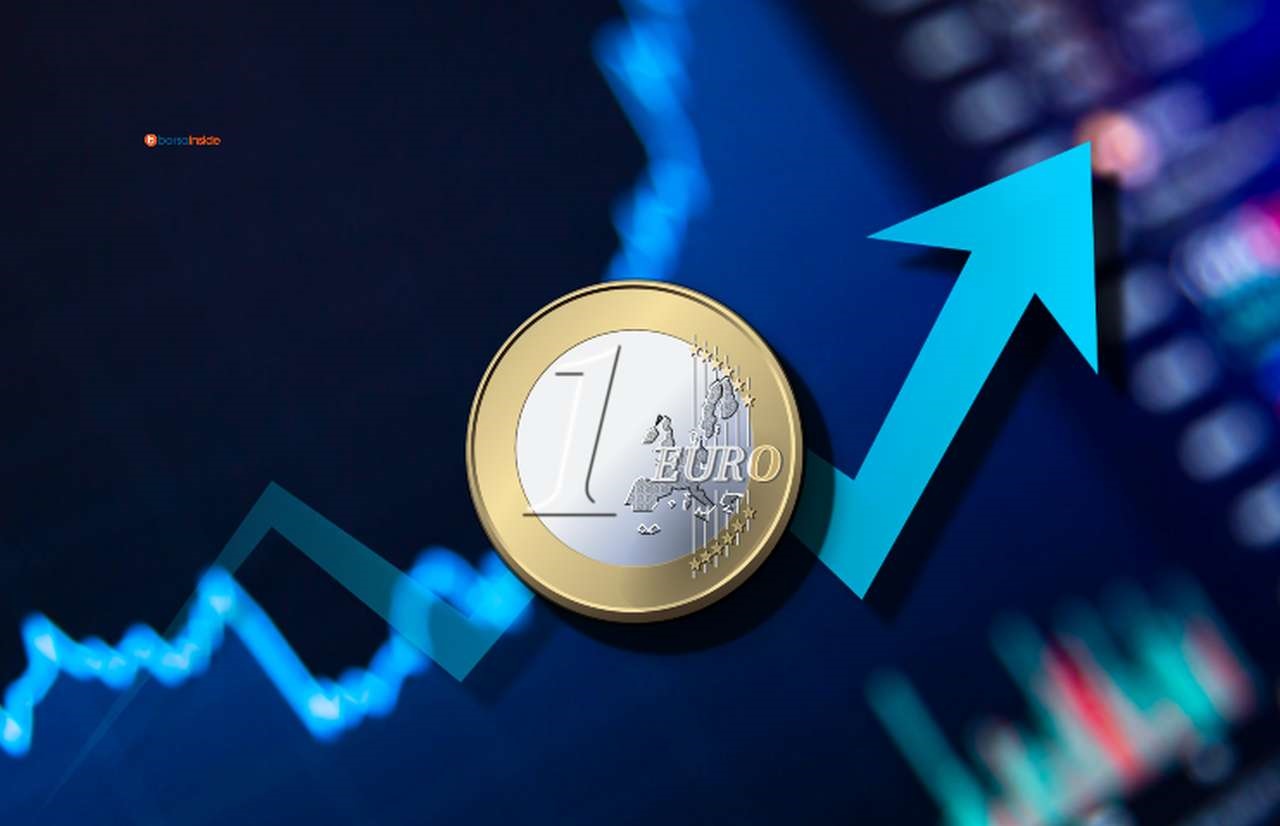una moneta da un euro con una freccia verso l'alto e un grafico finanziario sullo sfondo
