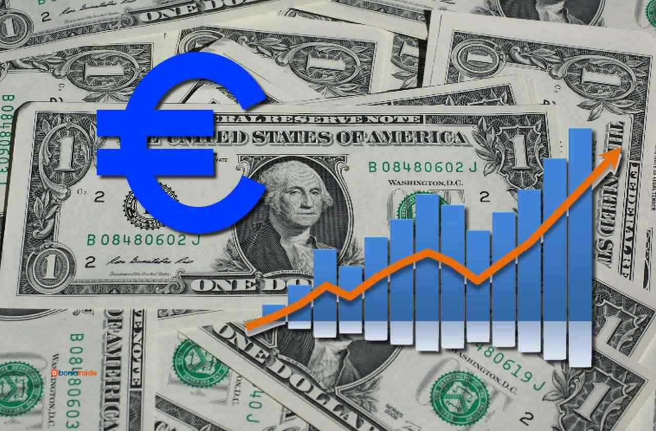 Alcune banconote di dollari (USD) e un grafico a colonne in sovrimpressione con il simbolo dell'euro