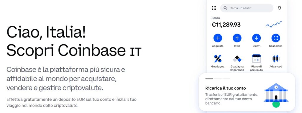 schermata Coinbase Italia