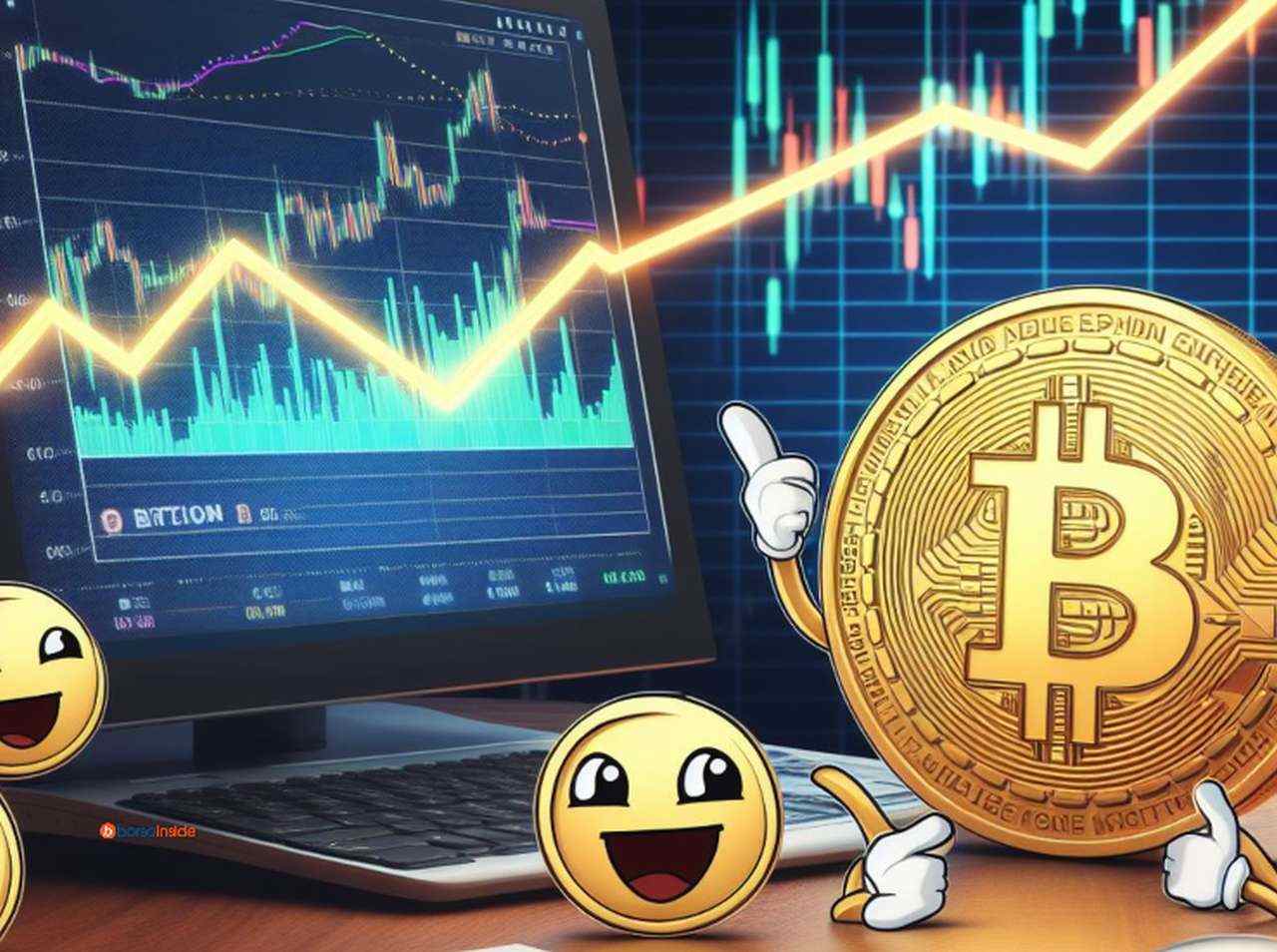 Una moneta di Bitcoin con le braccia in stile cartoon che indica dei grafici finanziari a delle emote sorridenti