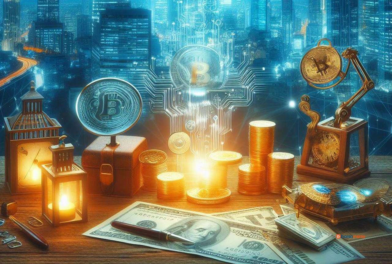 Monete di Bitcoin insieme ad alcuni oggetti antichi su una scrivania con delle banconote di dollaro. Sullo sfondo una metropoli moderna