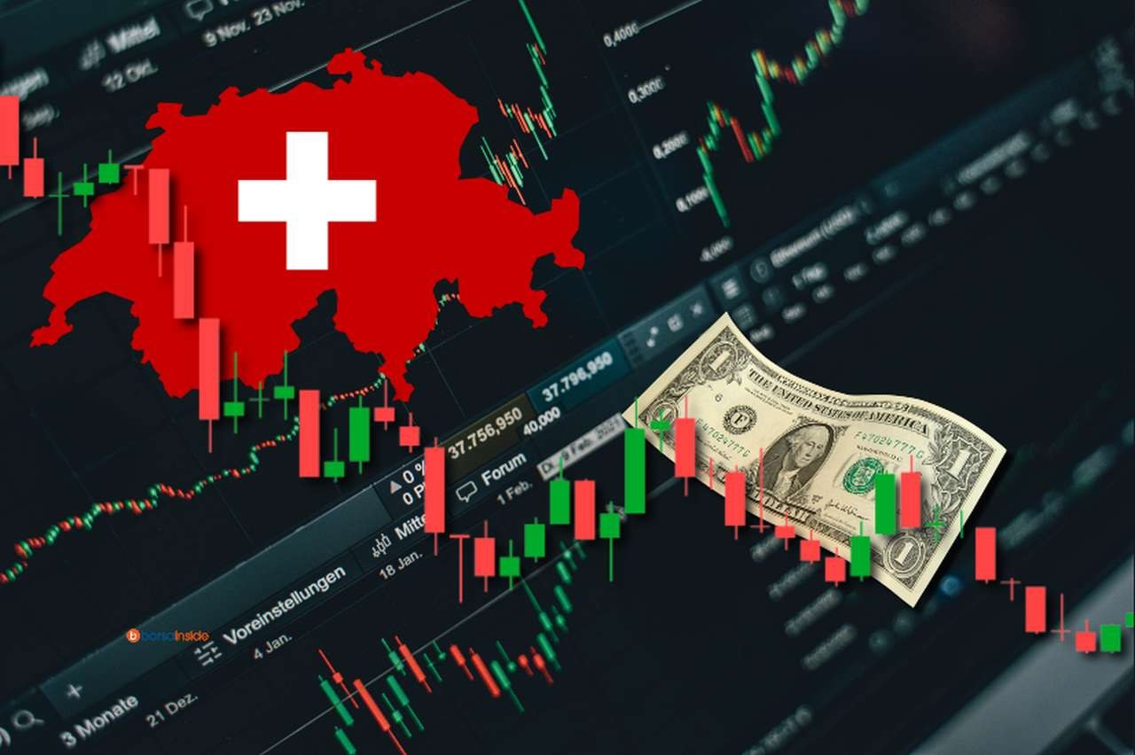 la bandiera della Svizzera racchiusa nei confini dello Stato, una banconota da un dollaro USA. In sovrimpressione e sullo sfondo dei grafici a candele