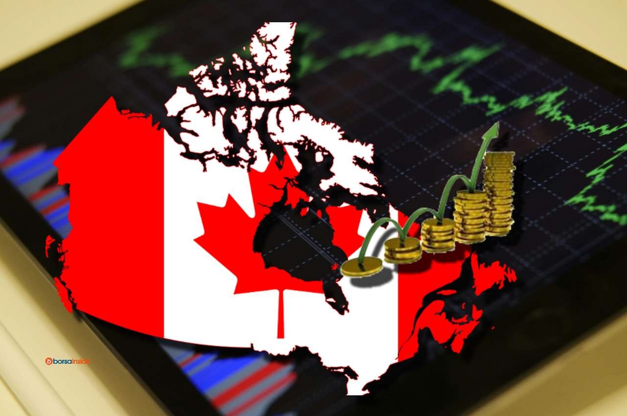 alcuni grafici finanziari sullo schermo di un tablet e in sovrimpressione la bandiera del Canada racchiusa nei confini dello Stato con delle monetine inpilate a formare una scaletta con una freccia che le attraversa