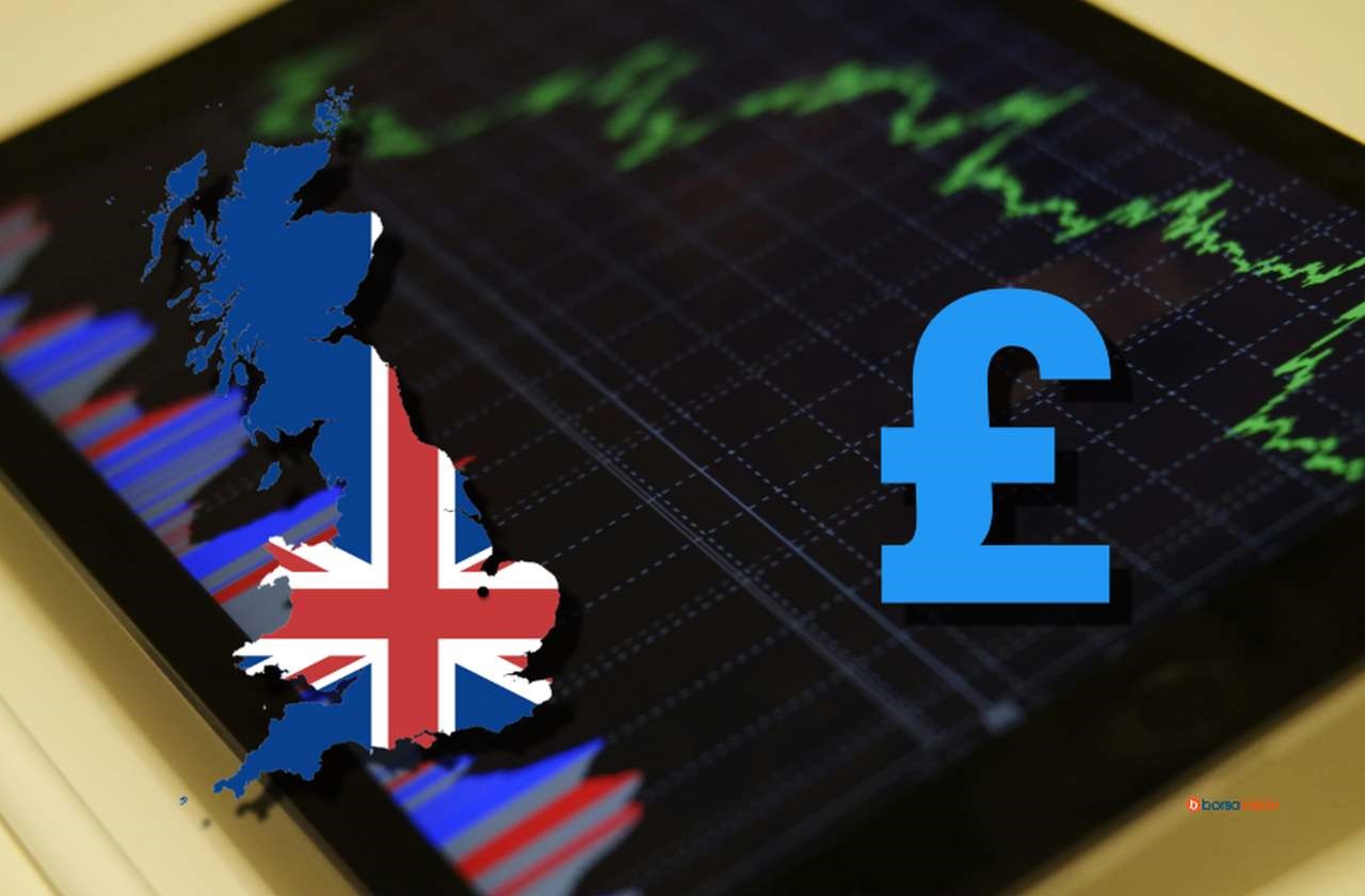 Un tablet con dei grafici finanziari. La bandiera del Regno Unito racchiusa nei confini del Paese e il simbolo della sterlina in sovrimpressione
