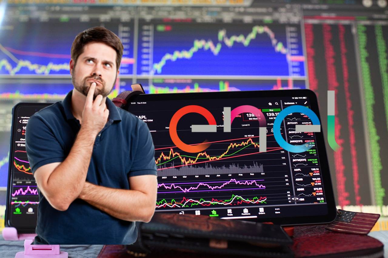 chart trading con uomo che pensa e logo di Enel