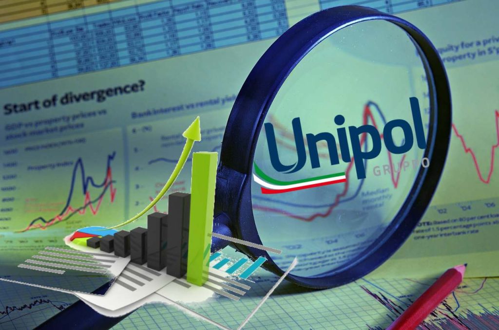 logo Unipol sotto lente di ingrandimento e grafici di trading