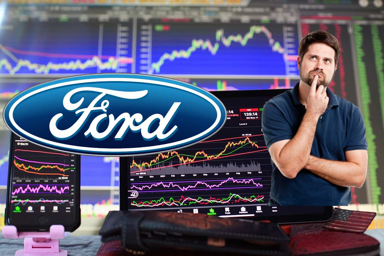 chart trading, logo di Ford e investitore che pensa