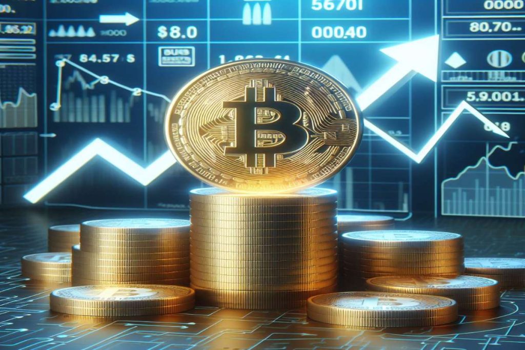 Moneta con logo Bitcoin e grafico di crescita
