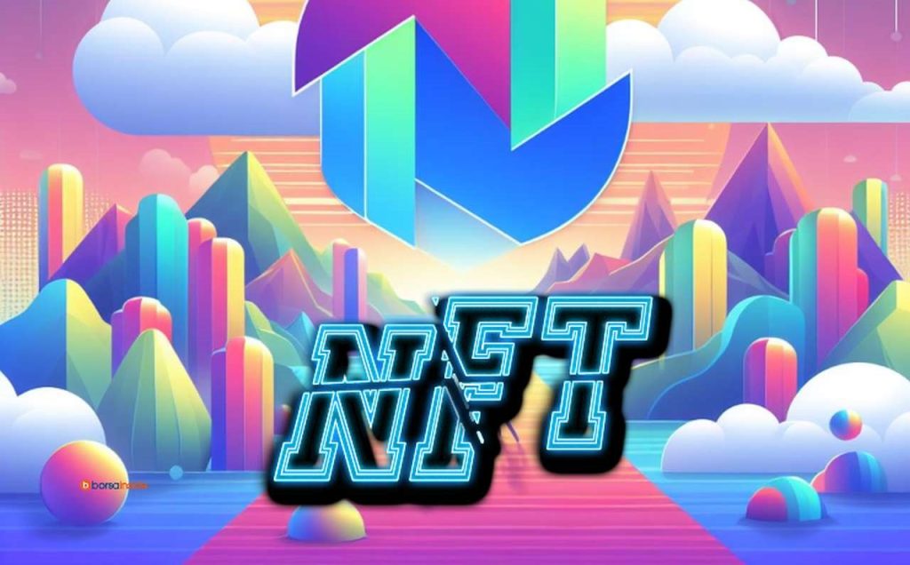 La scritta NFT in toni di azzurro con uno sfondo ricco di colori che rappresenta un viale che conduce verso il sole