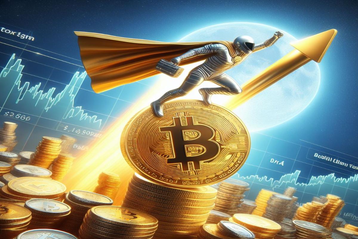 monete di Bitcoin e astronauta che sale verso il cielo