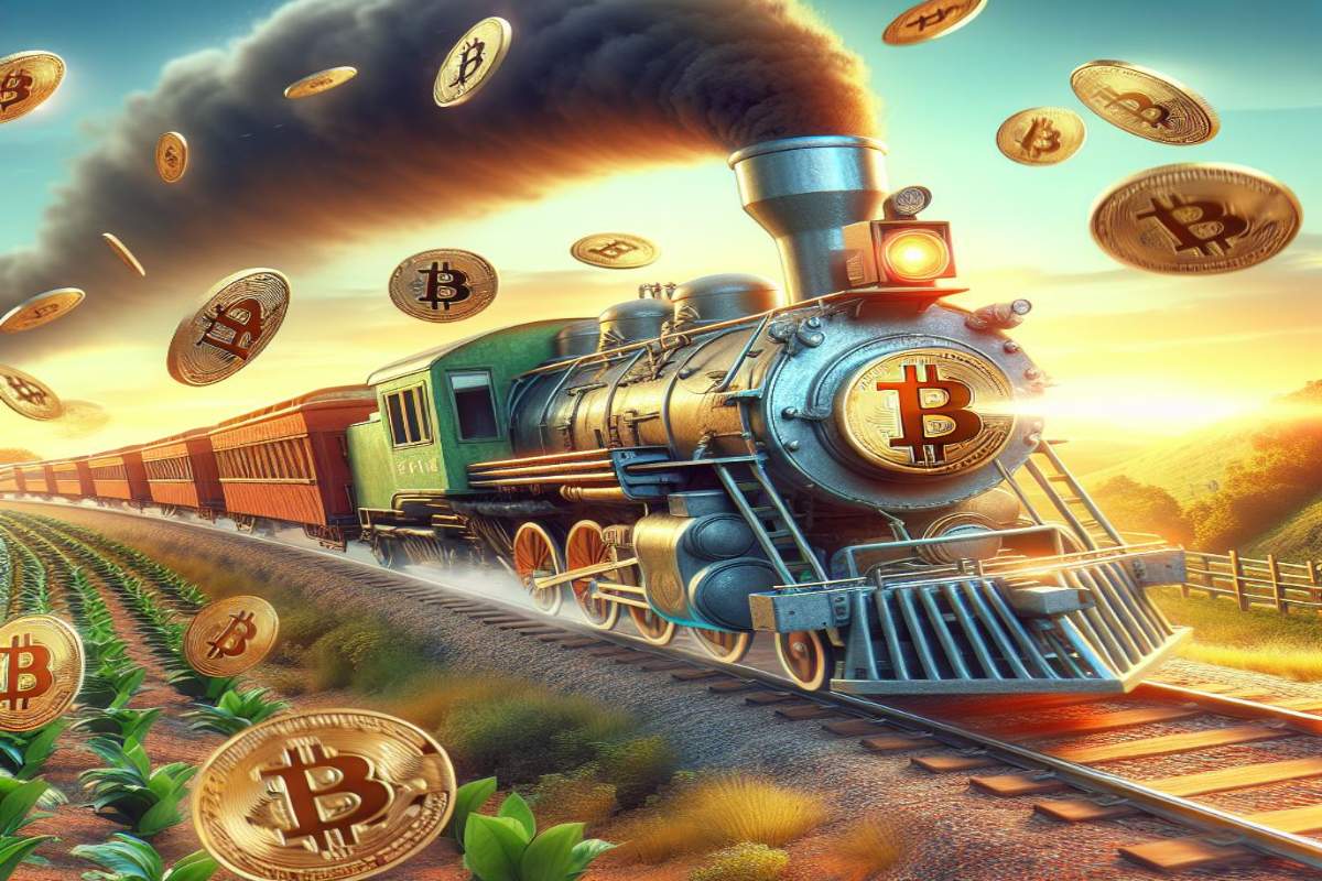treno che sfreccia con logo di Bitcoin