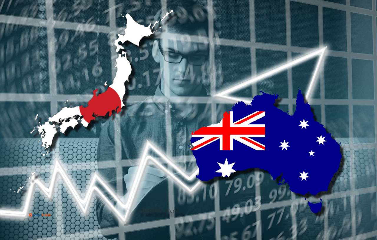 la bandiera del Giappone e quella dell'Australia racchiusa nei confini dei rispettivi Stati con un grafico con una freccia e dei numeri sullo sfondo