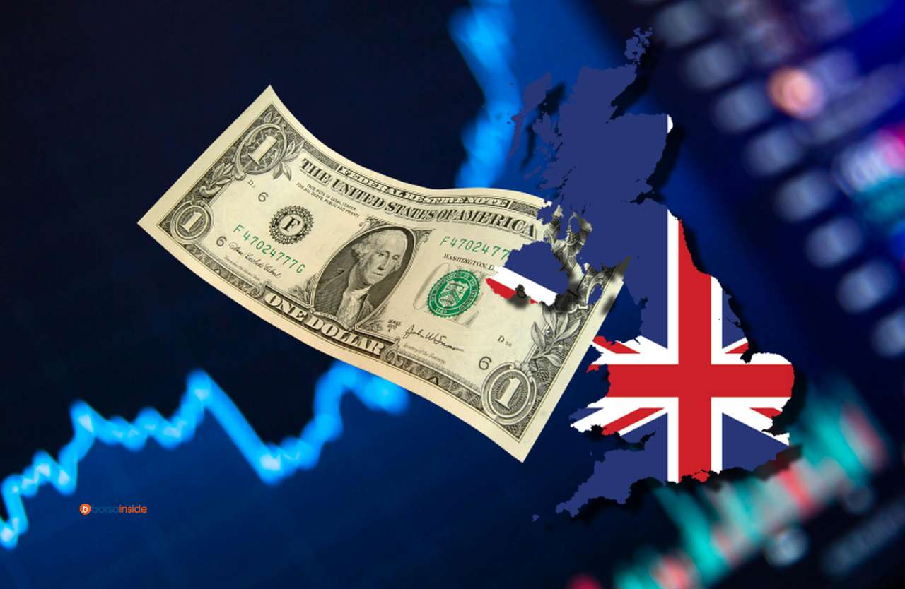 Una banconota da 1 dollaro e la bandiera del Regno Unito racchiusa nei confini dello Stato con dei grafici finanziari sullo sfondo