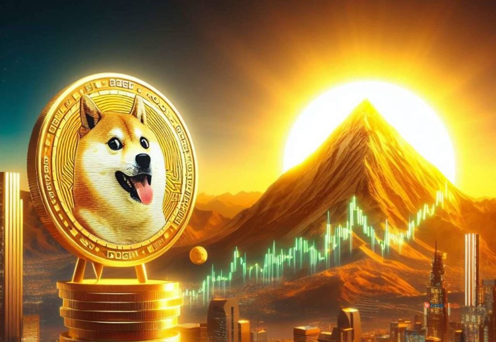Una moneta di SHIB su una pila di monete. Sullo sfondo una montagna che si staglia nel tramonto e un grafico a candele in sovrimpressione