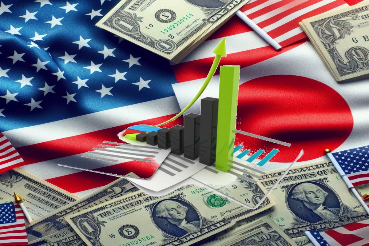 bandiera Usa e Giappone con dollari