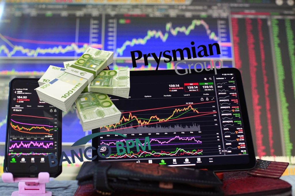 schermate di trading con mazzo di soldi e logo di Prysmian e del Banco BPM