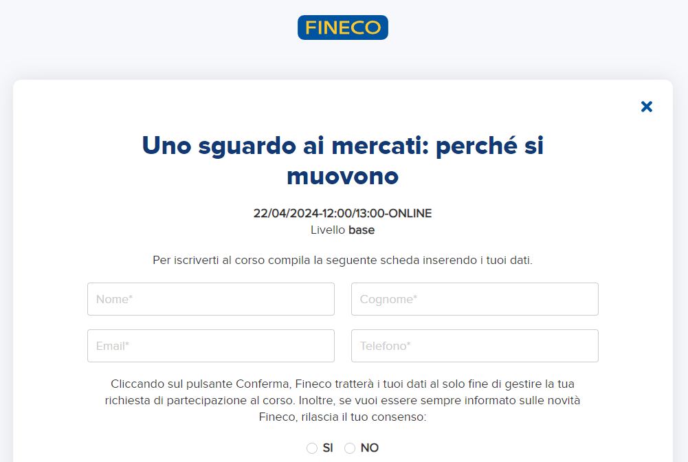 panello iscrizione al webinar di Fineco