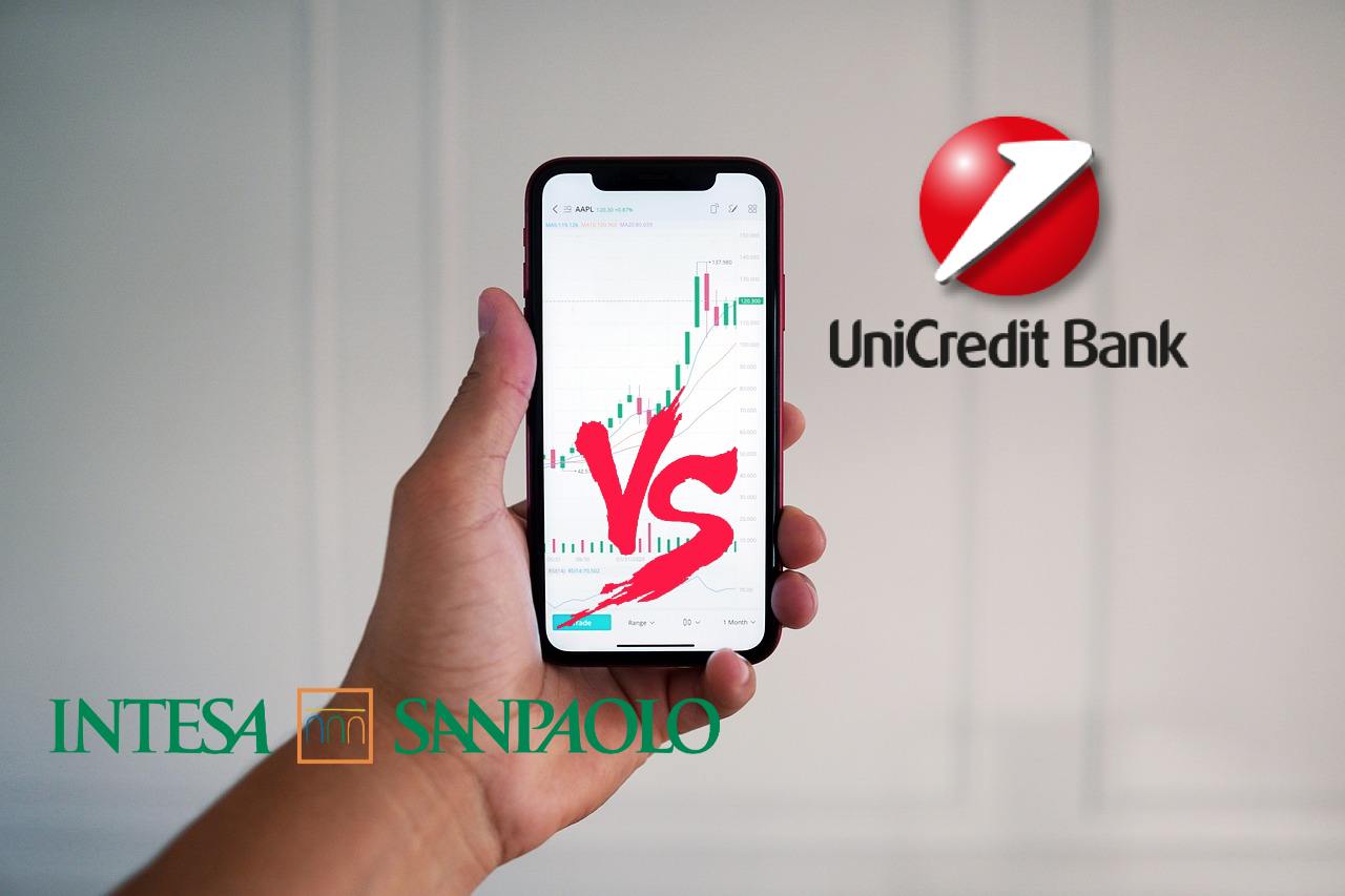 mobile trading con logo di Unicredit e di Intesa Sanpaolo