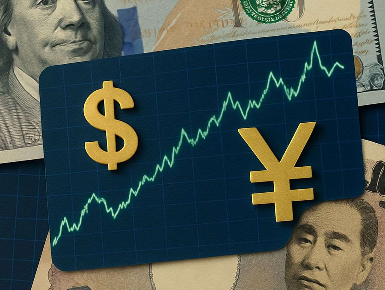 Il simbolo del dollaro e quello dello Yen con rispettive banconote e un grafico finanziario in mezzo