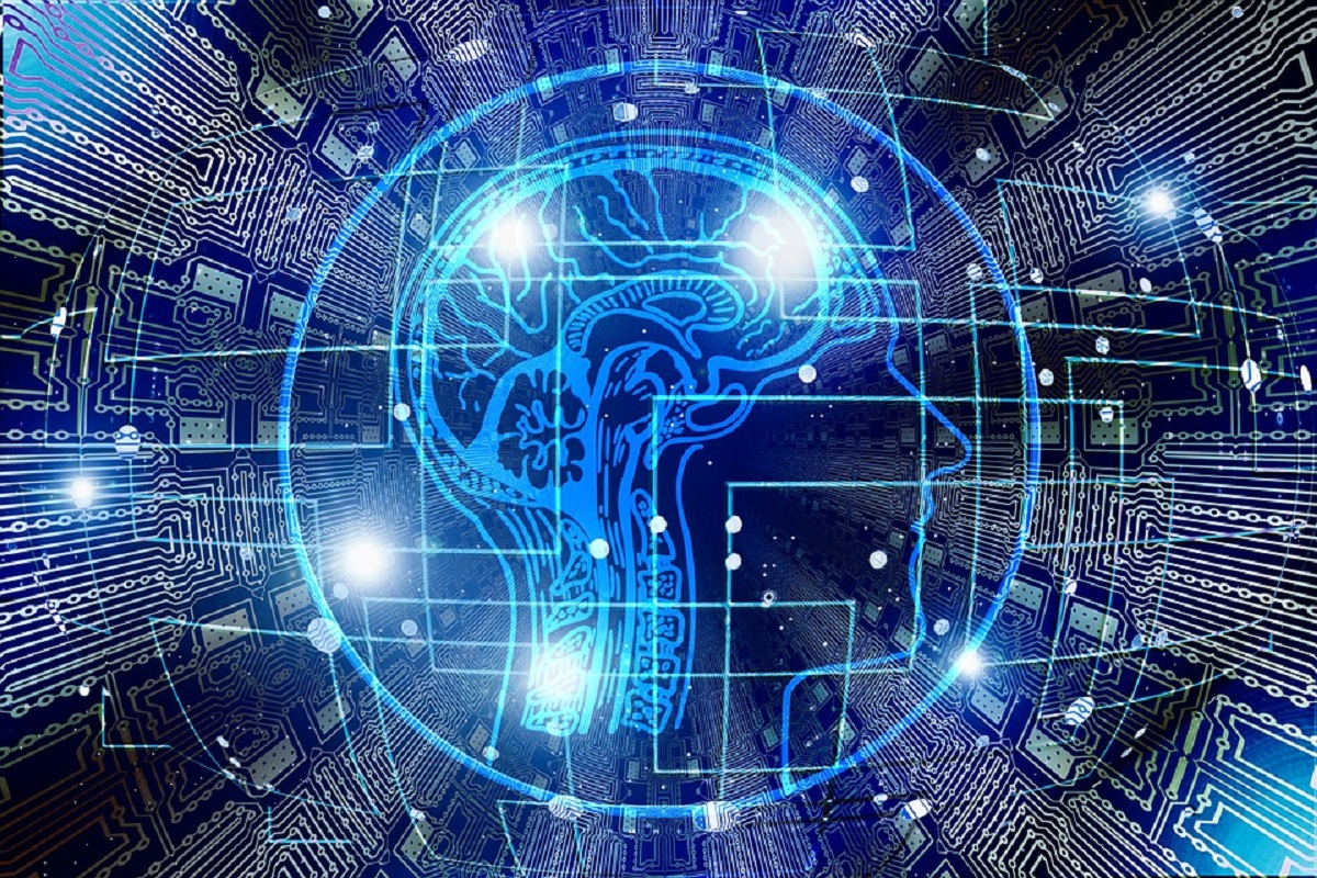 elaborazione grafica che rappresenta luci e circuiti intorno alla rappresentazione stilizzata di un cervello umano