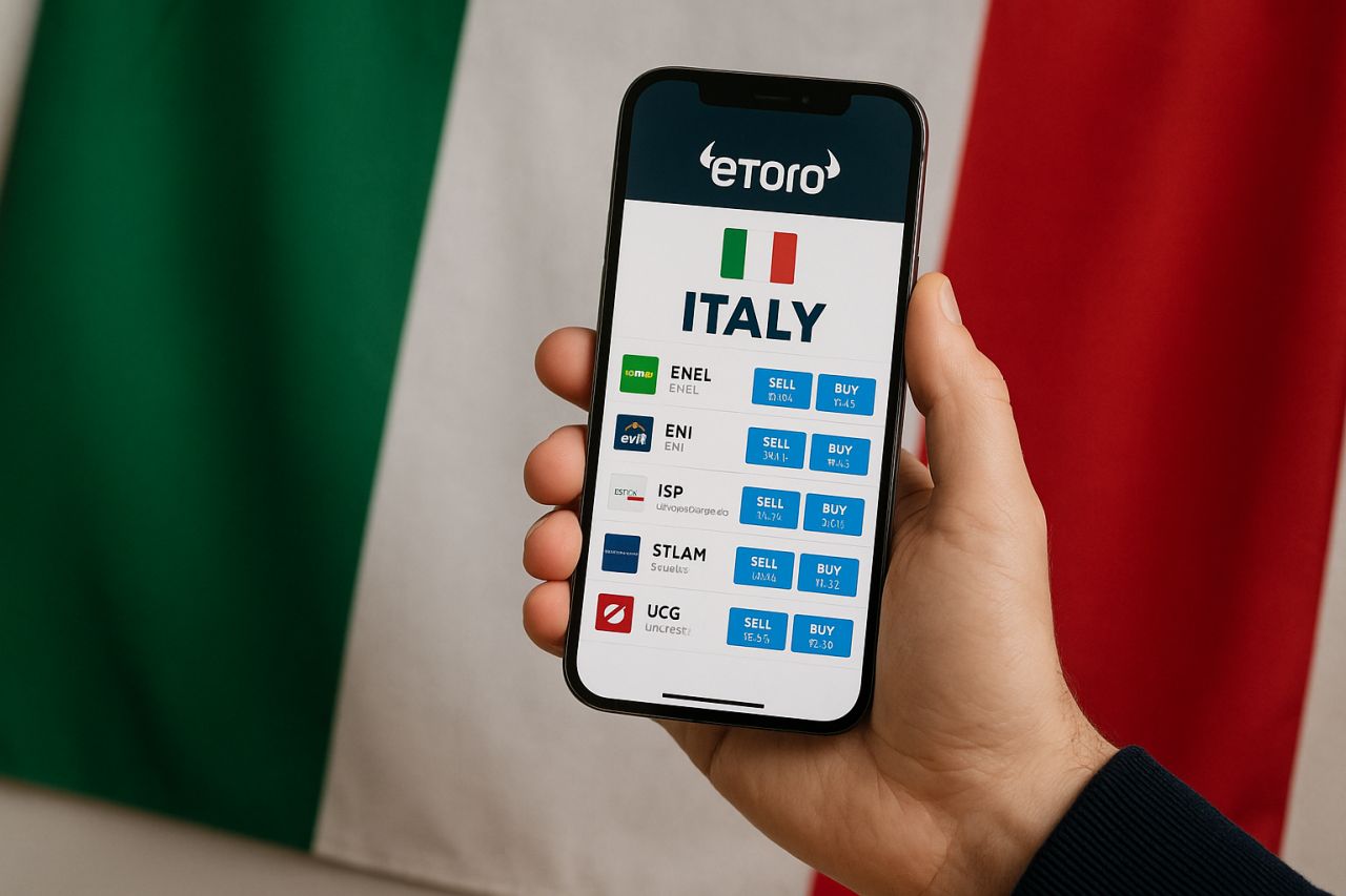 un dispositivo mobile con la schermata di una app di investimenti e il logo di eToro. Sullo sfondo la bandiera dell'Italia
