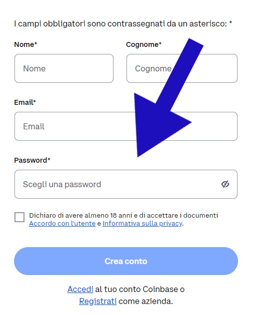 form registrazione a Coinbase
