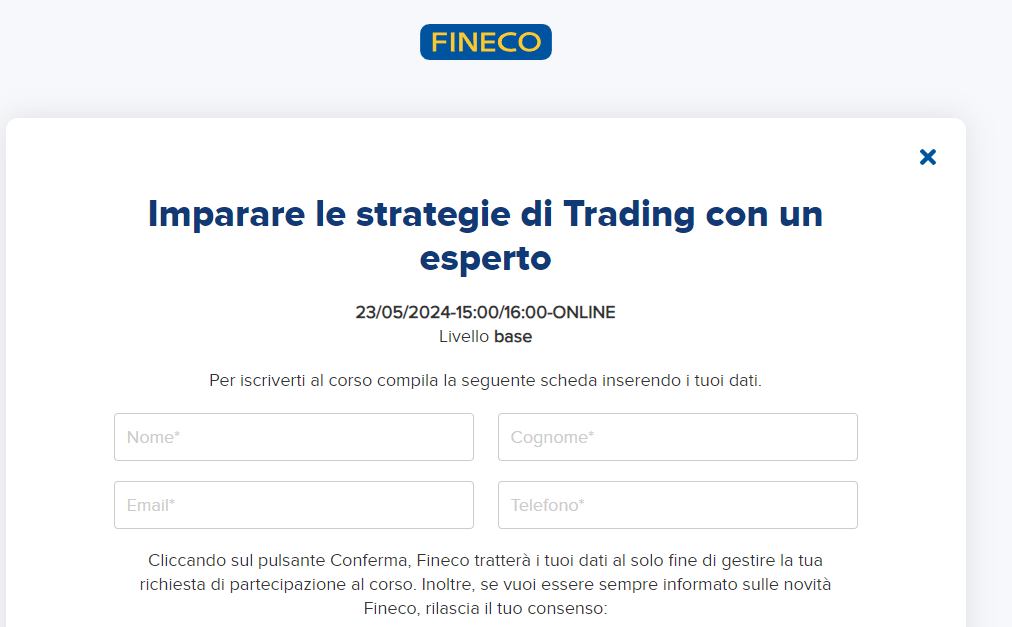 schermata per iscriversi al webinbar Fineco