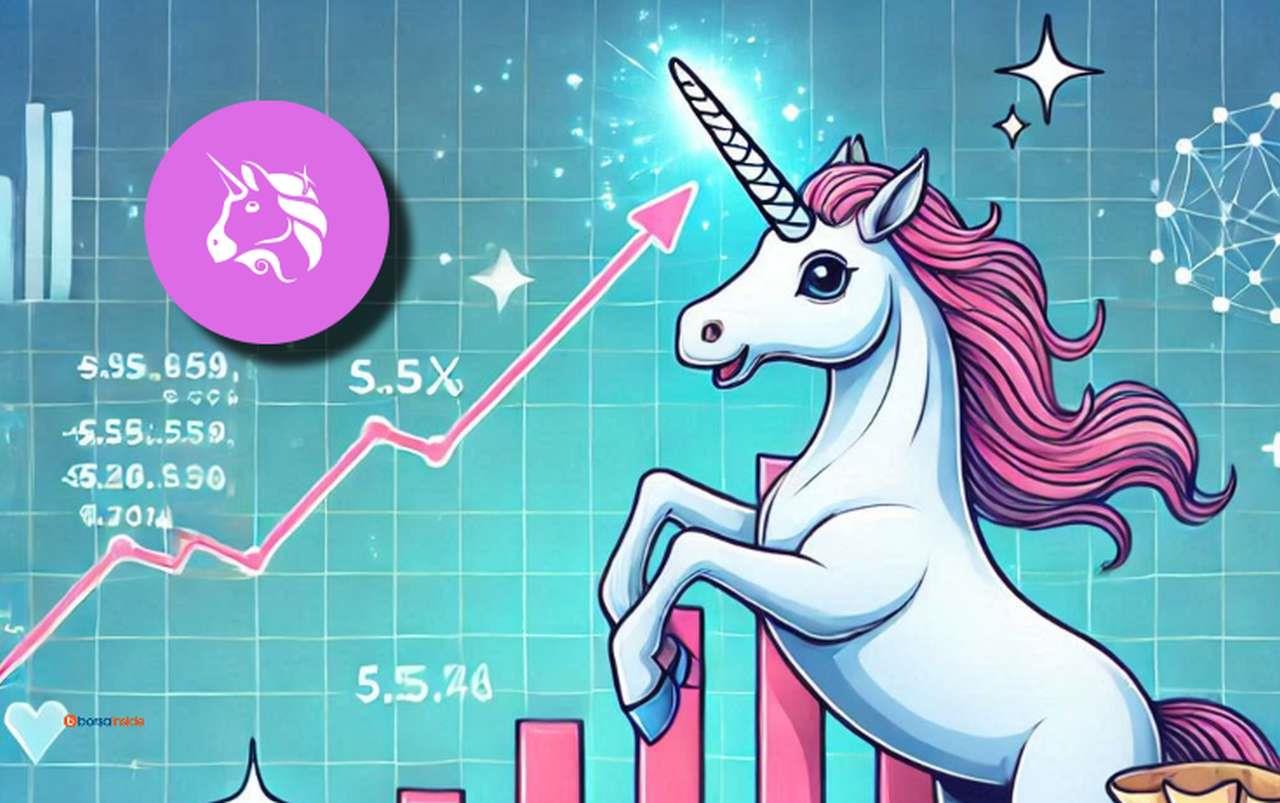 Un disegno con un unicorno a destra e il logo di Uniswap in alto a sinistra. Sullo sfondo alcuni grafici a candele