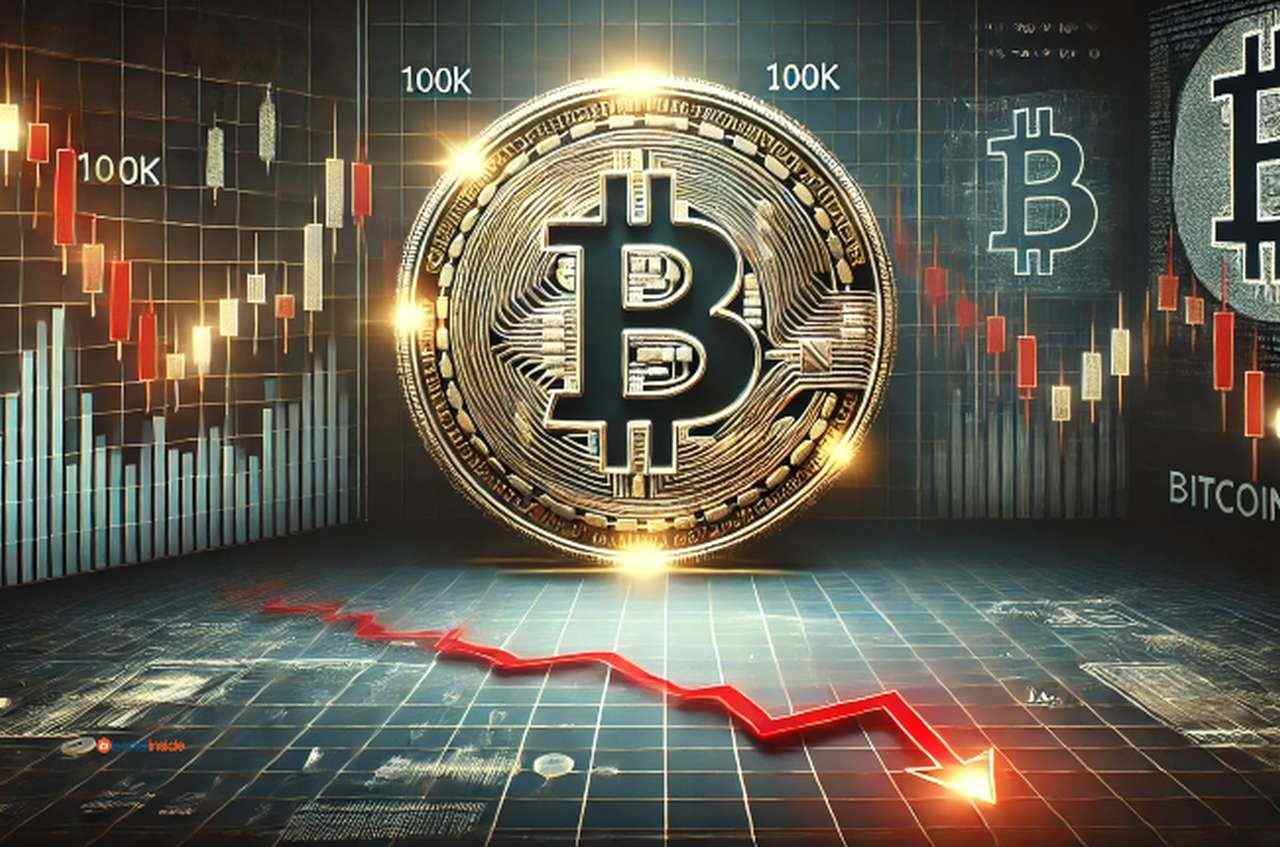 Una moneta di Bitcoin al centro con le scritte 100k sullo sfondo tra i grafici a candele. Sotto una freccia rossa verso il basso