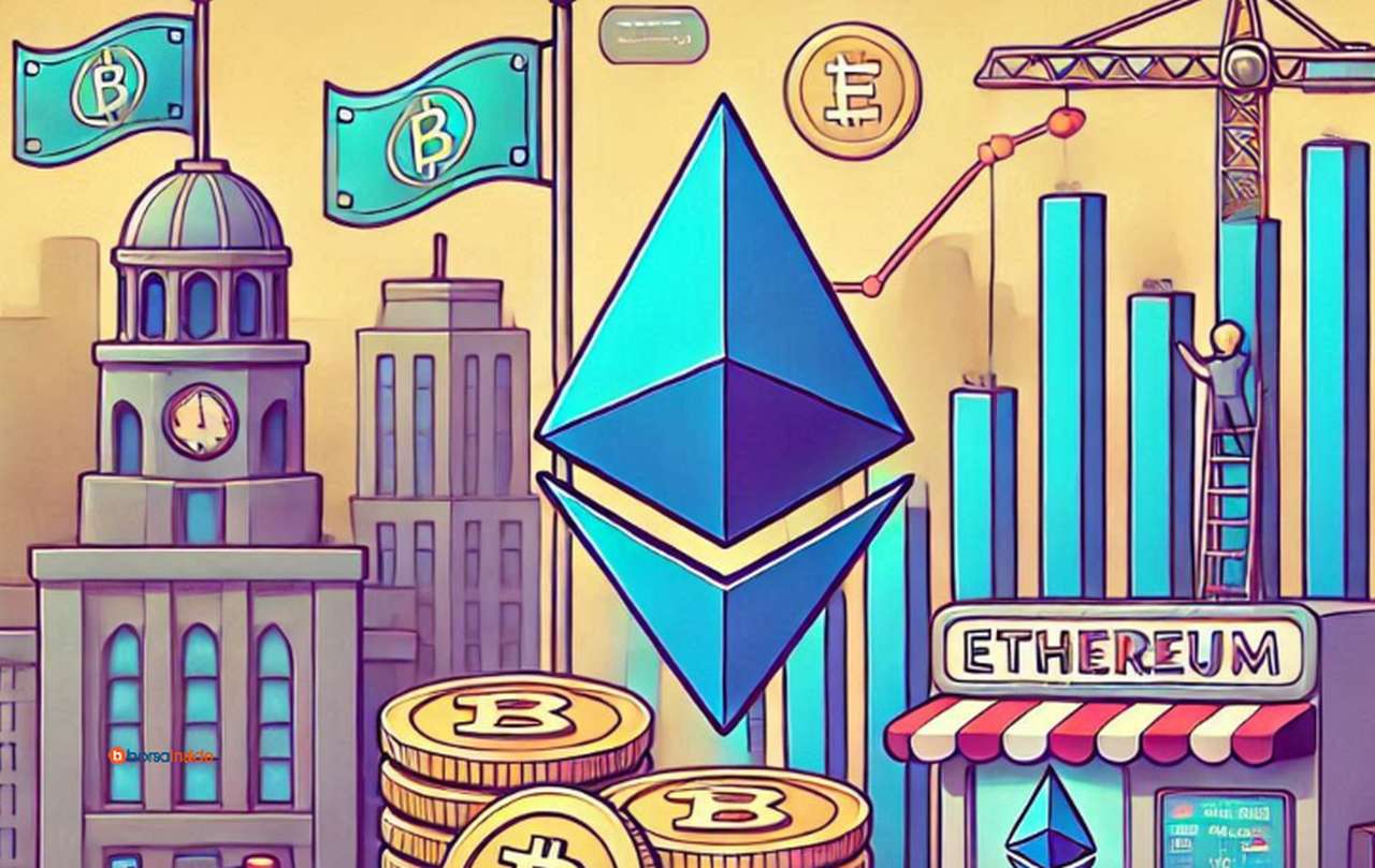 Il disegno di una città con il simbolo di ETH al centro e alcune monete di Bitcoin impilate tra i palazzi