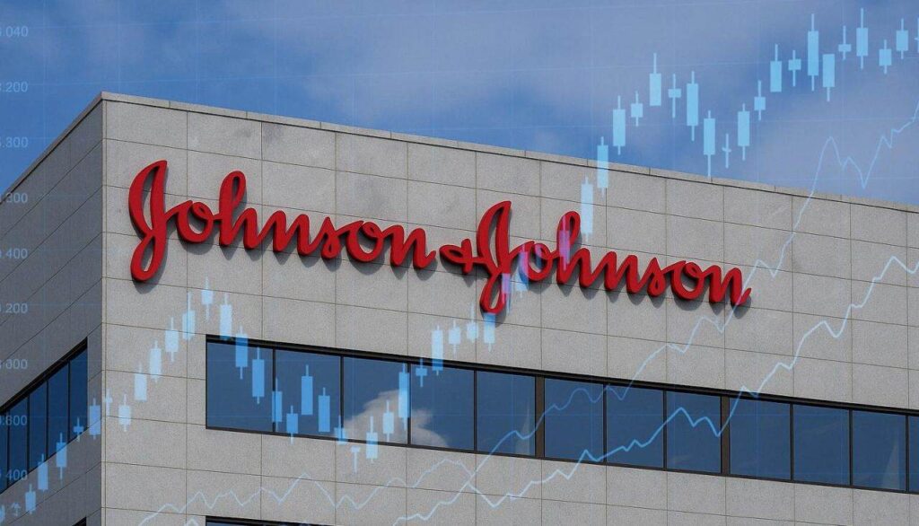 Un palazzo con la scritta Johnson & Johnson. In sovrimpressione in trasparenza un grafico a candele