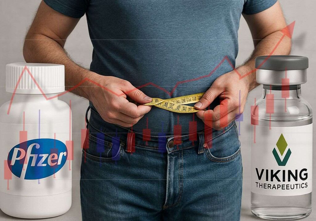Un uomo che si misura il girovita. Alla sua destra una boccetta con il logo Pfizer e alla sua sinistra una con il logo Viking. In sovrimpressione, in trasparenza, un grafico a candele con una freccia
