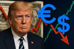 Primo piano di Donald Trump a sinistra con un grafico sullo sfondo e i simboli di euro e dollaro