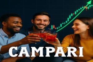 giovani che sorseggiano campari e un grafico di borsa sullo sfondo