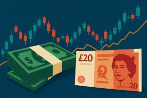 banconote dollaro e sterlina con grafico trading a candele sullo sfondo