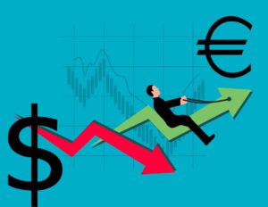 omino che cavalca frecce con simbolo di Euro e Dollaro
