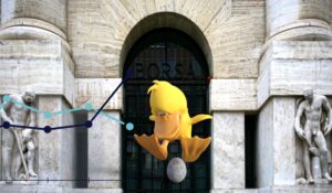 ingresso della borsa di Milano con coniglio pasquale