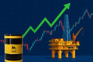 trivella di petrolio con accanto un barile con il logo di Eni
