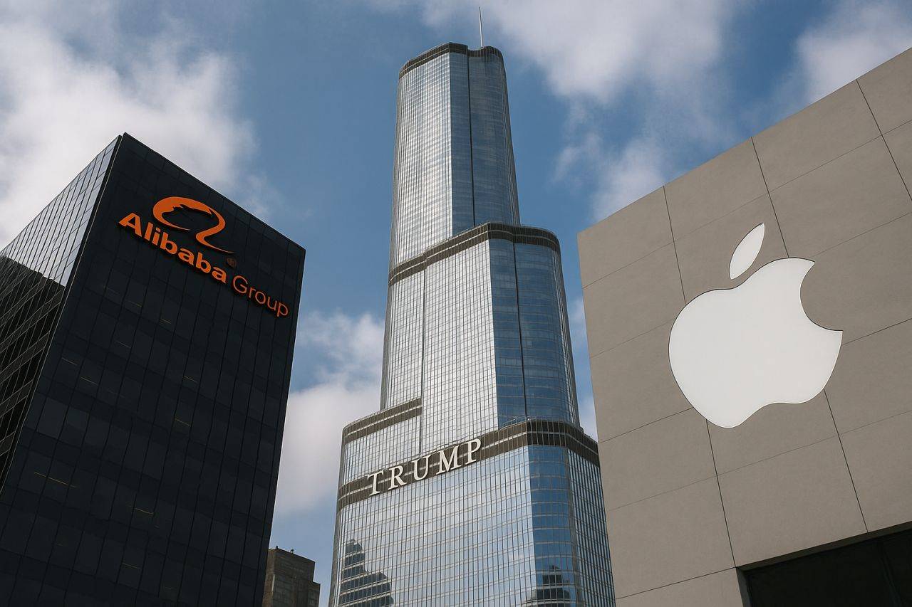 Un palazzo con l'insegna Alibaba e uno con il logo di Apple