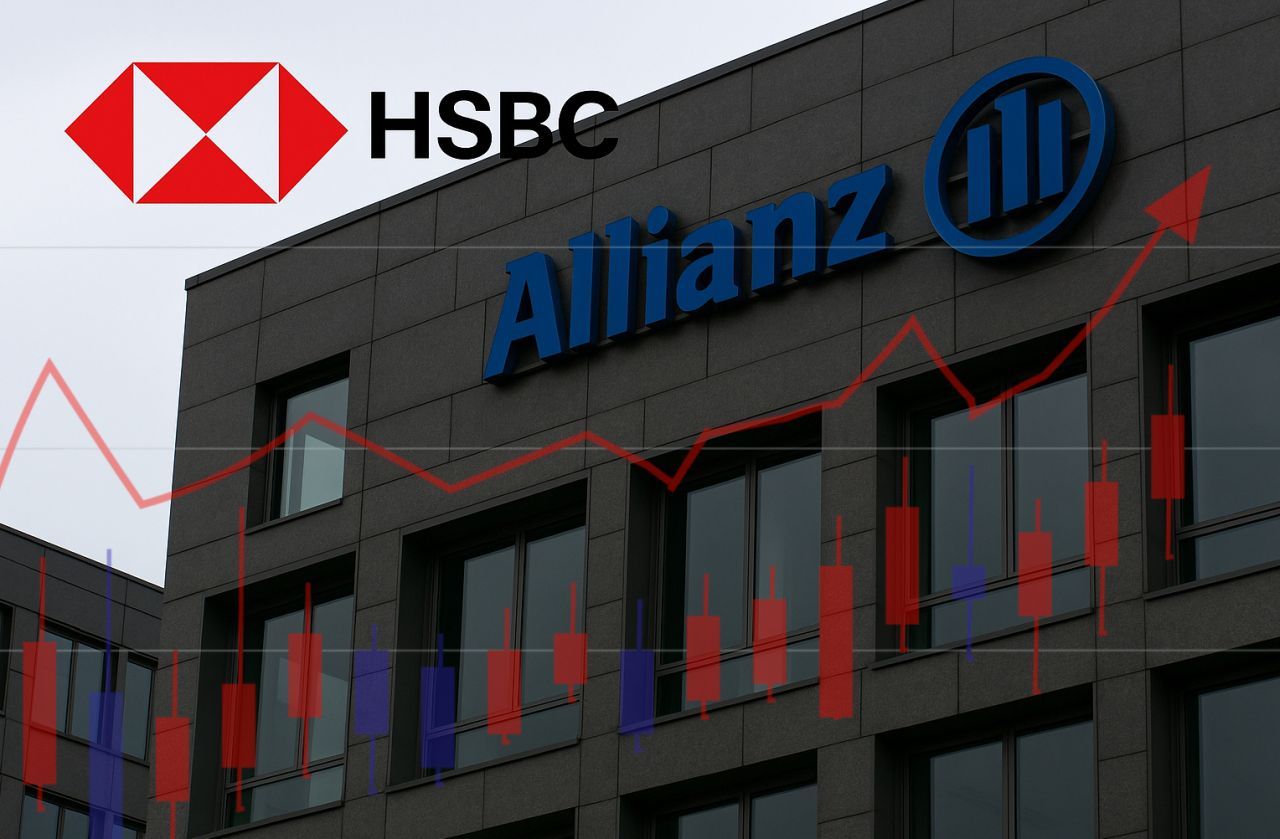 Un palazzo con la scritta Allianz. In sovrimpressione logo HSBC e un grafico a candele