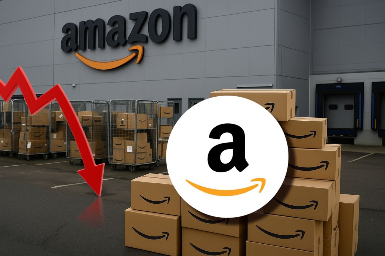 Un magazzino con diversi pacchi Amazon e il logo della società sia su una parete in alto che in sovrimpressione. A sinistra una freccia rossa verso il basso