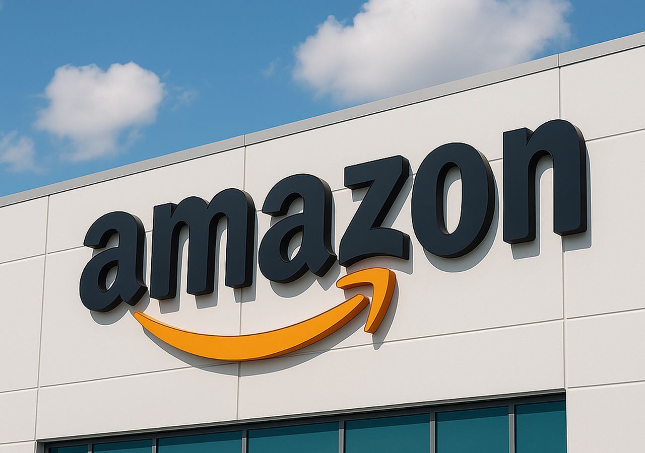 L'insegna di Amazon su uno dei magazzini del colosso dell'e-commerce