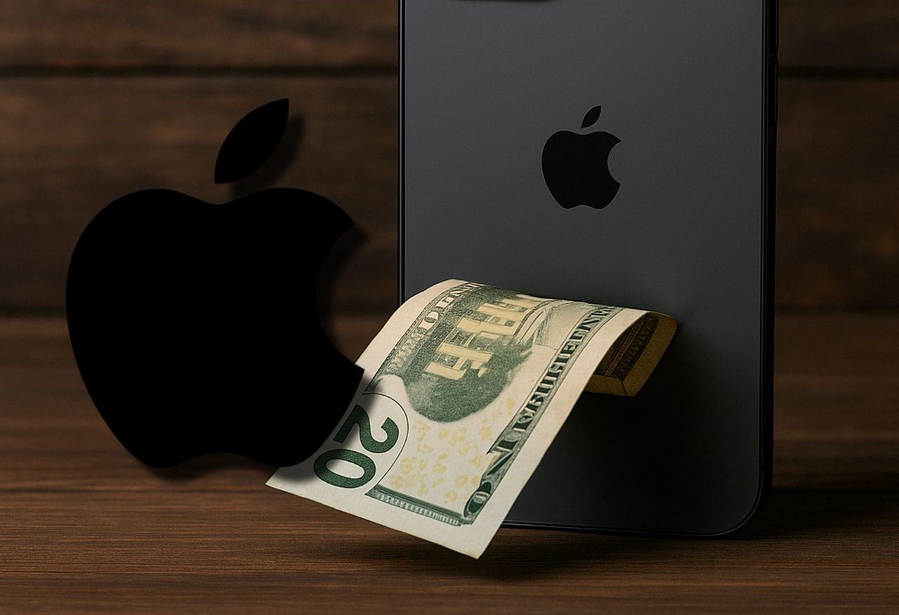 Un iPgone con il logo Apple in vista. Una banconota e in sovrimpressione il logo di Apple in grande a sinistra