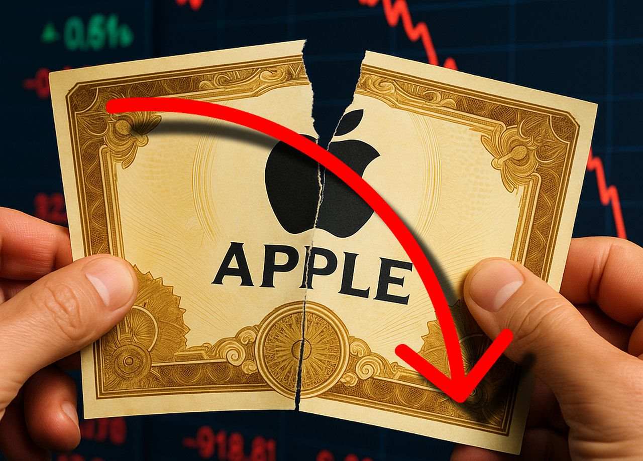 Il logo di Apple al centro di una banconota che viene strappata. In sovrimpressione una freccia rossa verso il basso