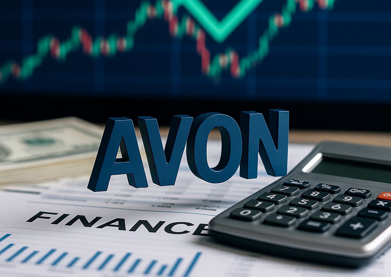 Una calcolatrice da tavolo e alcuni documenti con dei grafici su un piano. In sovrimpressione la scritta Avon e sullo sfondo un grafico a candele