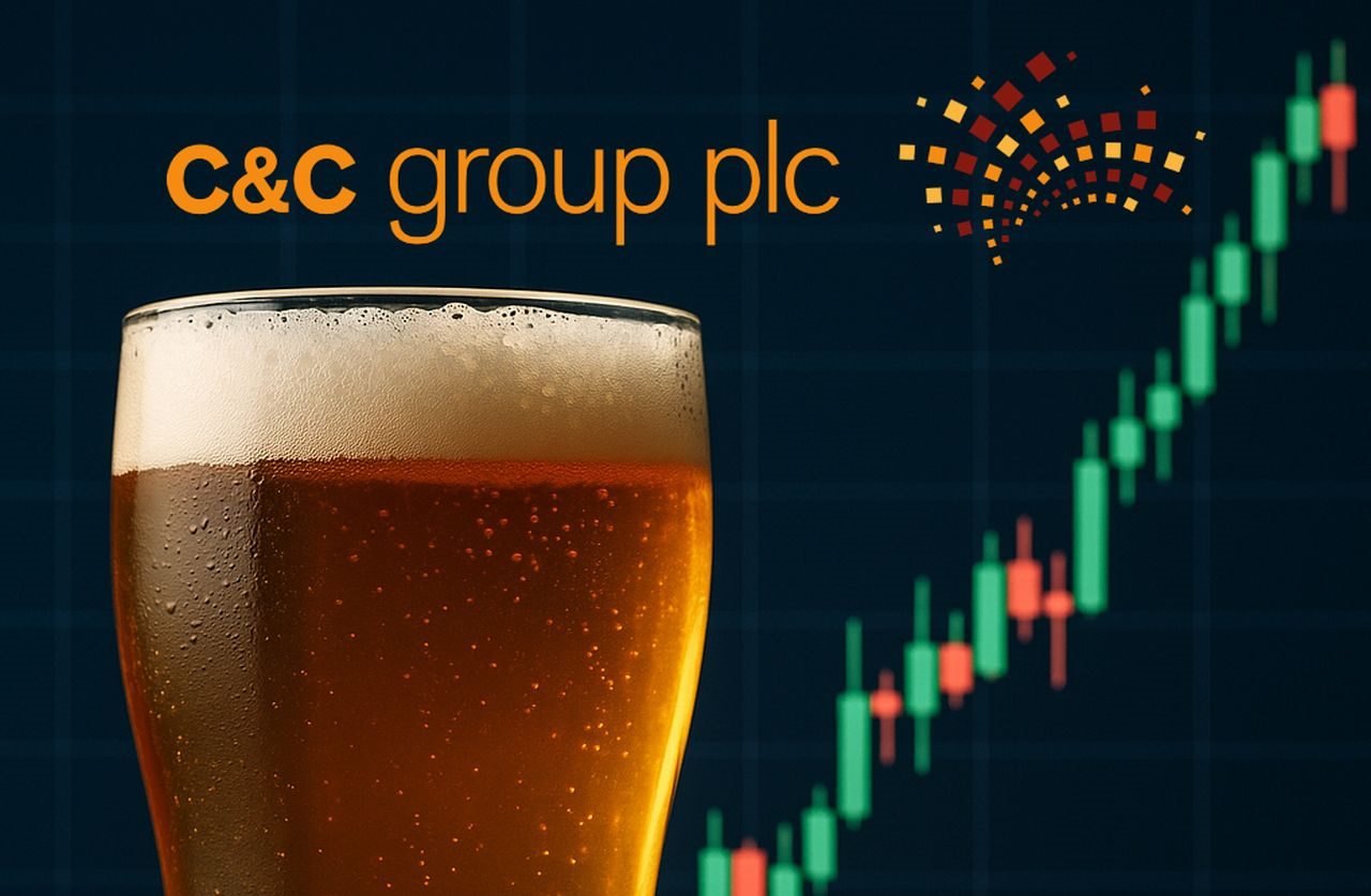 Un bicchiere di birra con un grafico a candele sullo sfondo e il logo di C&C Group in alto